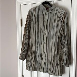 Striped Textured Button-Front Trench Coat - Gray/Taupe
